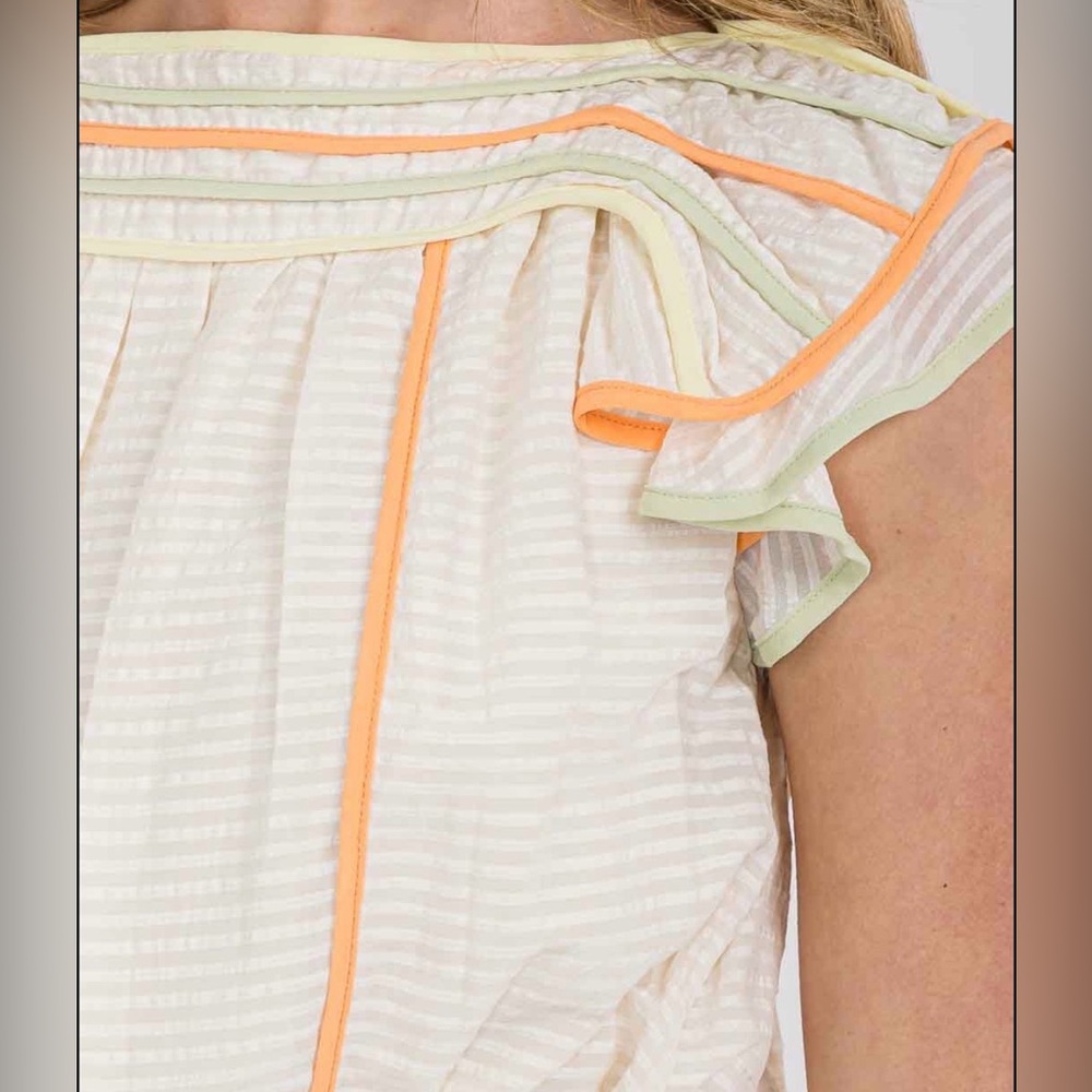 Anthropologie Current Air Boatneck Top Flutter Ruffle Sleeve Shirt Small Cream